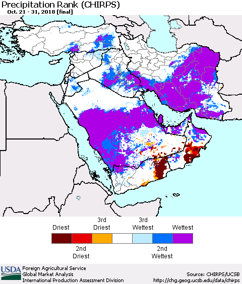 Middle East and Turkey Precipitation Rank since 1981 (CHIRPS) Thematic Map For 10/21/2018 - 10/31/2018
