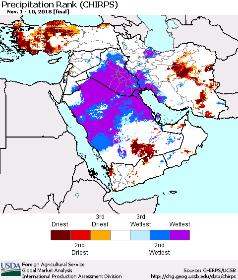 Middle East and Turkey Precipitation Rank since 1981 (CHIRPS) Thematic Map For 11/1/2018 - 11/10/2018