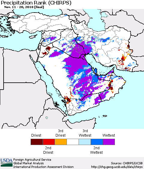Middle East and Turkey Precipitation Rank since 1981 (CHIRPS) Thematic Map For 11/11/2018 - 11/20/2018