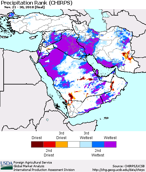 Middle East and Turkey Precipitation Rank since 1981 (CHIRPS) Thematic Map For 11/21/2018 - 11/30/2018