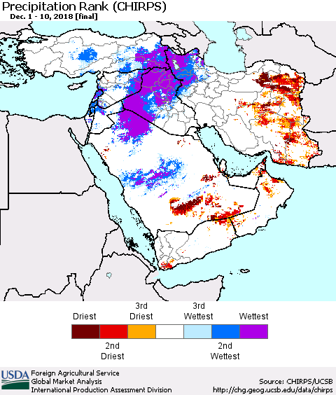 Middle East and Turkey Precipitation Rank since 1981 (CHIRPS) Thematic Map For 12/1/2018 - 12/10/2018