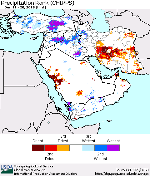 Middle East and Turkey Precipitation Rank since 1981 (CHIRPS) Thematic Map For 12/11/2018 - 12/20/2018