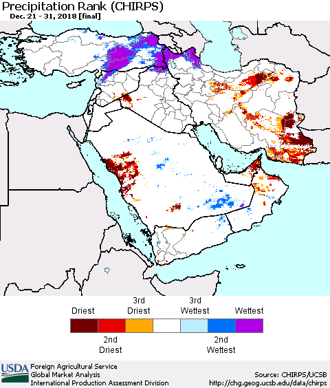 Middle East and Turkey Precipitation Rank since 1981 (CHIRPS) Thematic Map For 12/21/2018 - 12/31/2018