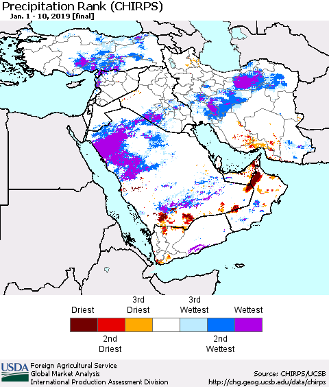 Middle East and Turkey Precipitation Rank since 1981 (CHIRPS) Thematic Map For 1/1/2019 - 1/10/2019