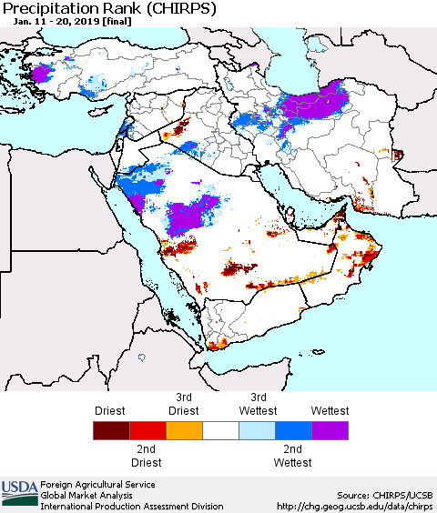 Middle East and Turkey Precipitation Rank since 1981 (CHIRPS) Thematic Map For 1/11/2019 - 1/20/2019