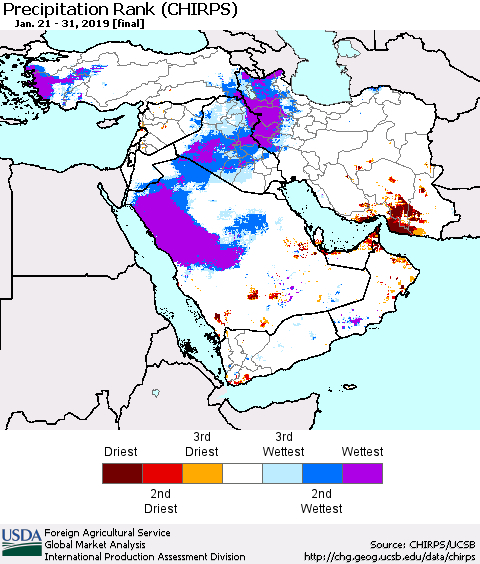 Middle East and Turkey Precipitation Rank since 1981 (CHIRPS) Thematic Map For 1/21/2019 - 1/31/2019