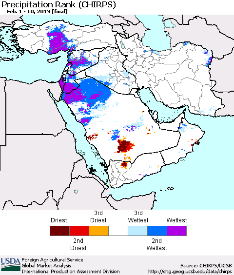 Middle East and Turkey Precipitation Rank since 1981 (CHIRPS) Thematic Map For 2/1/2019 - 2/10/2019