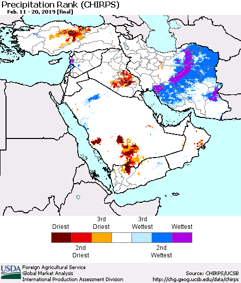 Middle East and Turkey Precipitation Rank since 1981 (CHIRPS) Thematic Map For 2/11/2019 - 2/20/2019