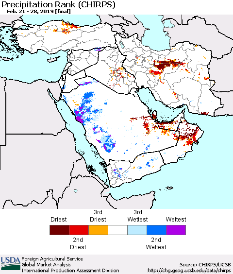Middle East and Turkey Precipitation Rank since 1981 (CHIRPS) Thematic Map For 2/21/2019 - 2/28/2019