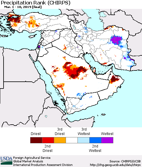 Middle East and Turkey Precipitation Rank since 1981 (CHIRPS) Thematic Map For 3/1/2019 - 3/10/2019