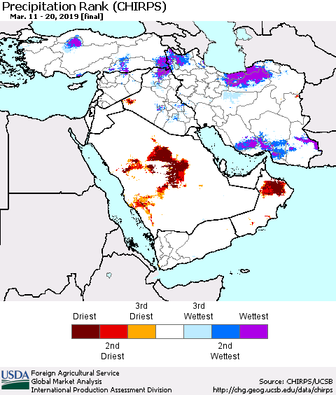 Middle East and Turkey Precipitation Rank since 1981 (CHIRPS) Thematic Map For 3/11/2019 - 3/20/2019