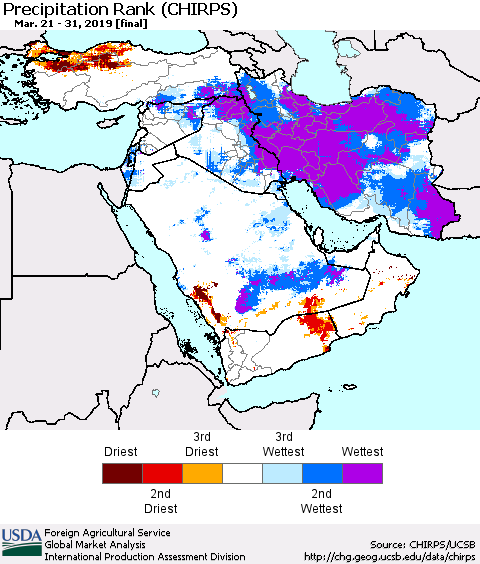 Middle East and Turkey Precipitation Rank since 1981 (CHIRPS) Thematic Map For 3/21/2019 - 3/31/2019