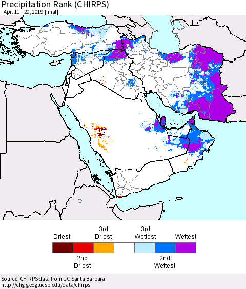 Middle East and Turkey Precipitation Rank since 1981 (CHIRPS) Thematic Map For 4/11/2019 - 4/20/2019