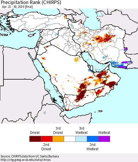 Middle East and Turkey Precipitation Rank since 1981 (CHIRPS) Thematic Map For 4/21/2019 - 4/30/2019