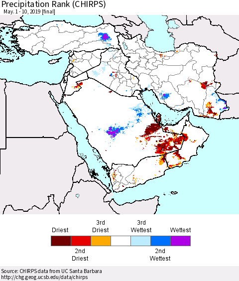 Middle East and Turkey Precipitation Rank since 1981 (CHIRPS) Thematic Map For 5/1/2019 - 5/10/2019