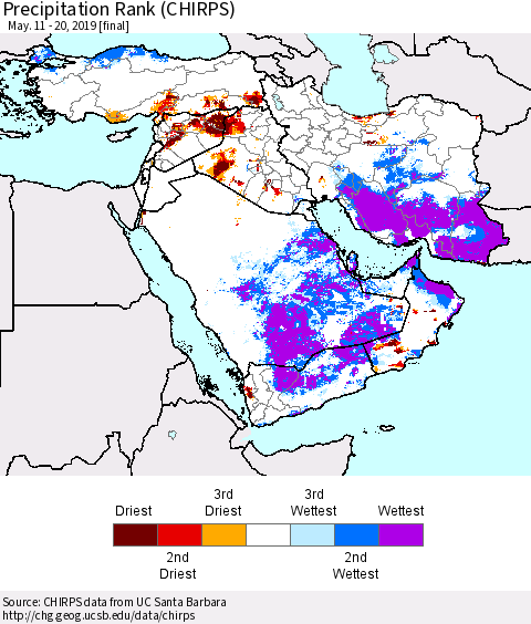 Middle East and Turkey Precipitation Rank since 1981 (CHIRPS) Thematic Map For 5/11/2019 - 5/20/2019