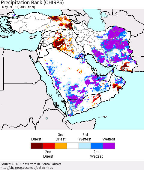 Middle East and Turkey Precipitation Rank since 1981 (CHIRPS) Thematic Map For 5/21/2019 - 5/31/2019