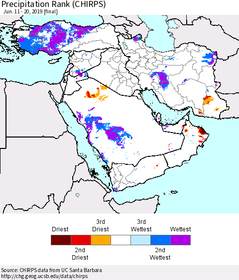 Middle East and Turkey Precipitation Rank since 1981 (CHIRPS) Thematic Map For 6/11/2019 - 6/20/2019