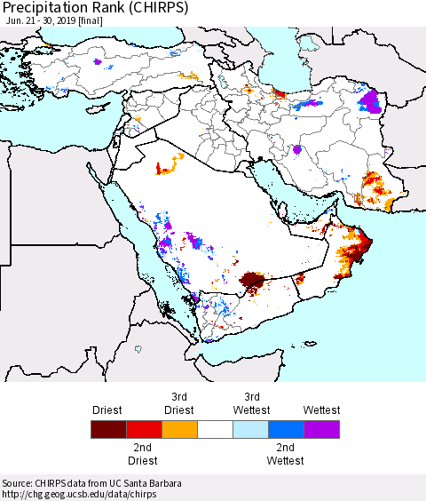 Middle East and Turkey Precipitation Rank since 1981 (CHIRPS) Thematic Map For 6/21/2019 - 6/30/2019