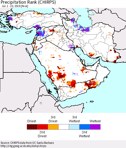 Middle East and Turkey Precipitation Rank since 1981 (CHIRPS) Thematic Map For 7/1/2019 - 7/10/2019