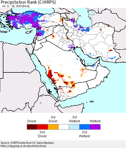 Middle East and Turkey Precipitation Rank since 1981 (CHIRPS) Thematic Map For 7/11/2019 - 7/20/2019