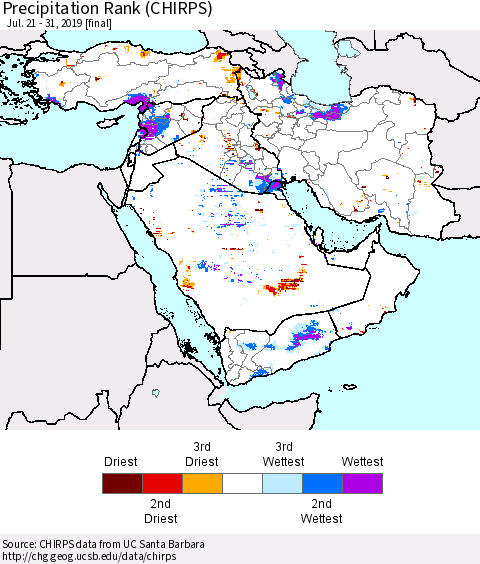 Middle East and Turkey Precipitation Rank since 1981 (CHIRPS) Thematic Map For 7/21/2019 - 7/31/2019
