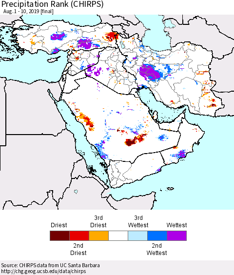 Middle East and Turkey Precipitation Rank since 1981 (CHIRPS) Thematic Map For 8/1/2019 - 8/10/2019
