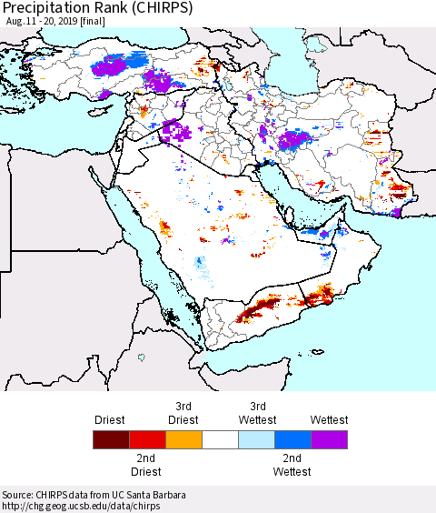 Middle East and Turkey Precipitation Rank since 1981 (CHIRPS) Thematic Map For 8/11/2019 - 8/20/2019