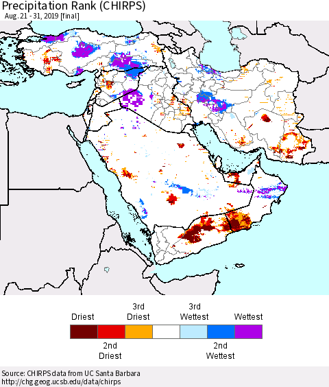 Middle East and Turkey Precipitation Rank since 1981 (CHIRPS) Thematic Map For 8/21/2019 - 8/31/2019