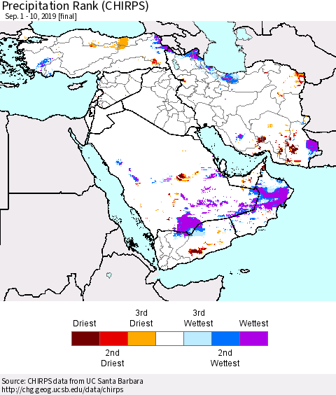 Middle East and Turkey Precipitation Rank since 1981 (CHIRPS) Thematic Map For 9/1/2019 - 9/10/2019