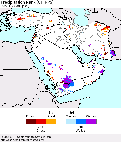 Middle East and Turkey Precipitation Rank since 1981 (CHIRPS) Thematic Map For 9/11/2019 - 9/20/2019