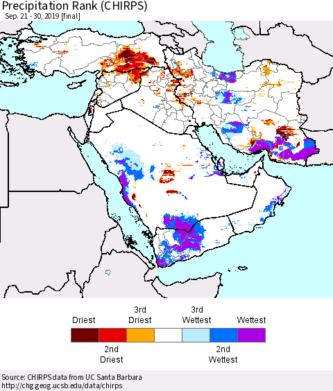 Middle East and Turkey Precipitation Rank since 1981 (CHIRPS) Thematic Map For 9/21/2019 - 9/30/2019