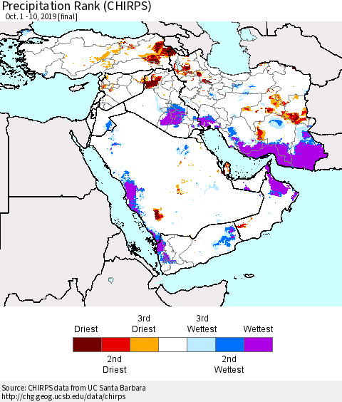 Middle East and Turkey Precipitation Rank since 1981 (CHIRPS) Thematic Map For 10/1/2019 - 10/10/2019
