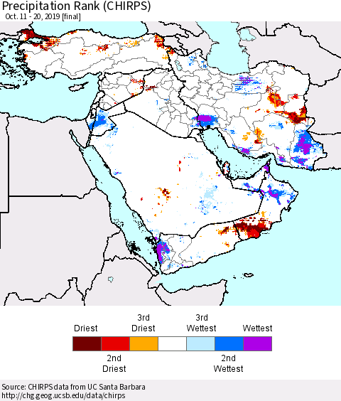 Middle East and Turkey Precipitation Rank since 1981 (CHIRPS) Thematic Map For 10/11/2019 - 10/20/2019
