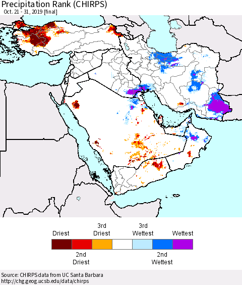 Middle East and Turkey Precipitation Rank since 1981 (CHIRPS) Thematic Map For 10/21/2019 - 10/31/2019