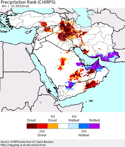 Middle East and Turkey Precipitation Rank since 1981 (CHIRPS) Thematic Map For 11/1/2019 - 11/10/2019