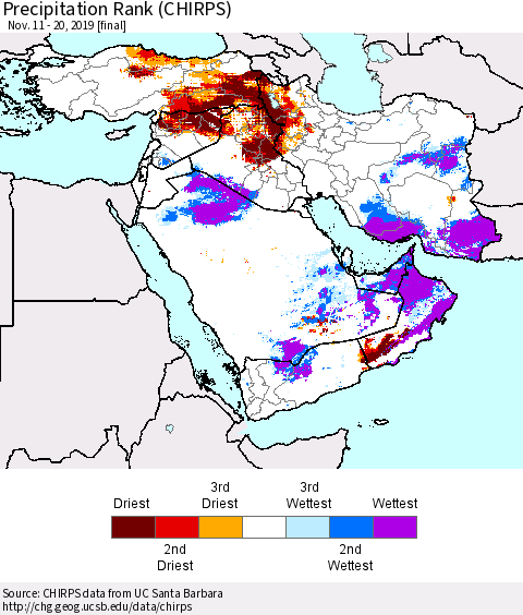 Middle East and Turkey Precipitation Rank since 1981 (CHIRPS) Thematic Map For 11/11/2019 - 11/20/2019