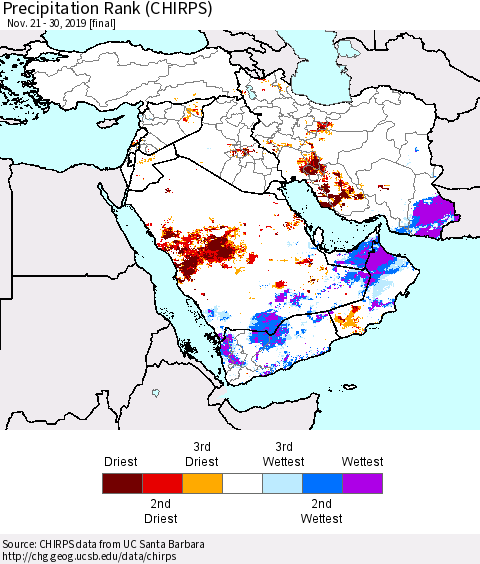 Middle East and Turkey Precipitation Rank since 1981 (CHIRPS) Thematic Map For 11/21/2019 - 11/30/2019