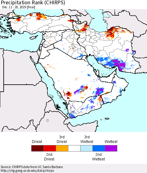 Middle East and Turkey Precipitation Rank since 1981 (CHIRPS) Thematic Map For 12/11/2019 - 12/20/2019