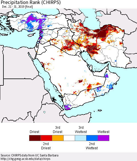 Middle East and Turkey Precipitation Rank since 1981 (CHIRPS) Thematic Map For 12/21/2019 - 12/31/2019