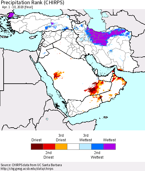 Middle East and Turkey Precipitation Rank since 1981 (CHIRPS) Thematic Map For 4/1/2020 - 4/10/2020