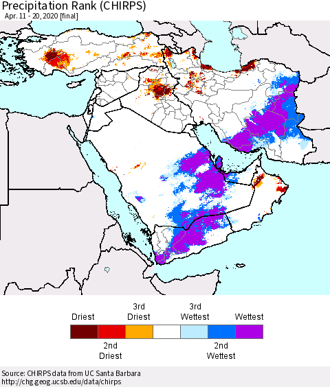 Middle East and Turkey Precipitation Rank since 1981 (CHIRPS) Thematic Map For 4/11/2020 - 4/20/2020