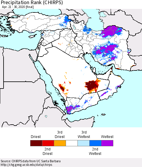 Middle East and Turkey Precipitation Rank since 1981 (CHIRPS) Thematic Map For 4/21/2020 - 4/30/2020