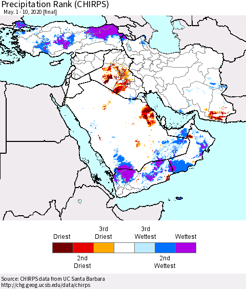 Middle East and Turkey Precipitation Rank since 1981 (CHIRPS) Thematic Map For 5/1/2020 - 5/10/2020