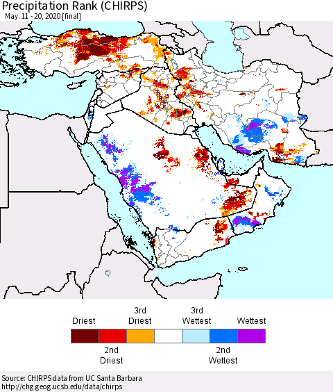 Middle East and Turkey Precipitation Rank since 1981 (CHIRPS) Thematic Map For 5/11/2020 - 5/20/2020