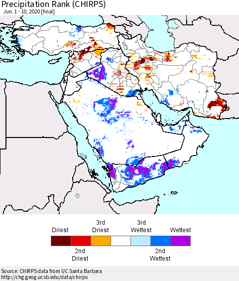 Middle East and Turkey Precipitation Rank since 1981 (CHIRPS) Thematic Map For 6/1/2020 - 6/10/2020