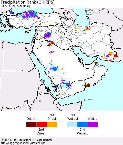 Middle East and Turkey Precipitation Rank since 1981 (CHIRPS) Thematic Map For 6/11/2020 - 6/20/2020