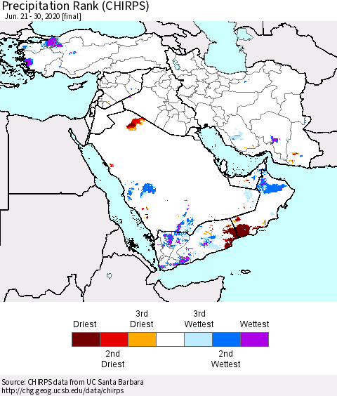 Middle East and Turkey Precipitation Rank since 1981 (CHIRPS) Thematic Map For 6/21/2020 - 6/30/2020