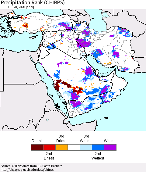 Middle East and Turkey Precipitation Rank since 1981 (CHIRPS) Thematic Map For 7/11/2020 - 7/20/2020