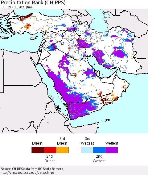 Middle East and Turkey Precipitation Rank since 1981 (CHIRPS) Thematic Map For 7/21/2020 - 7/31/2020